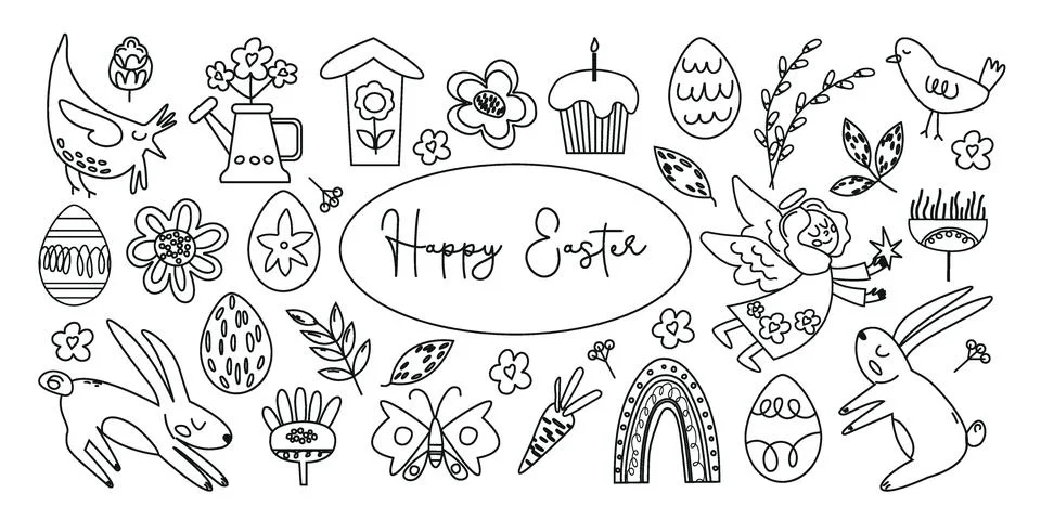 Cute Easter doodle set. Easter bunny, eggs, chicken, carrots, branches, but.. Stock Illustration
