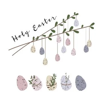 Cute Easter egg with branch and leaves. Rustic eco decoration. Vector flat Stock Illustration