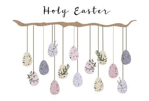 Cute Easter egg with branch and leaves. Rustic eco decoration. Vector flat Stock Illustration