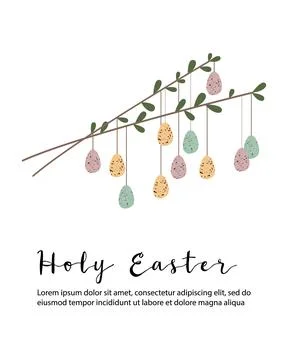 Cute Easter egg with branch and leaves. Rustic eco decoration. Vector flat Stock Illustration