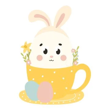 Cute Easter egg character with bunny ears sitting in yellow cup with flowers Stock Illustration