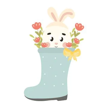 Cute Easter egg character with bunny ears sitting in rubber boot with flowers Stock Illustration