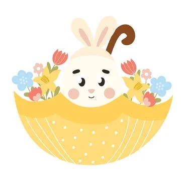 Cute Easter egg character with bunny ears in yellow umbrella with flowers Stock Illustration