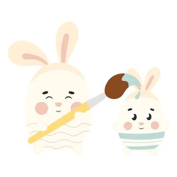 Cute Easter egg character with bunny ears painting egg, design element for Stock Illustration