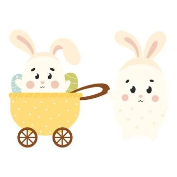 Cute Easter egg character with bunny ears in yellow country cart, design element Illustrazione stock