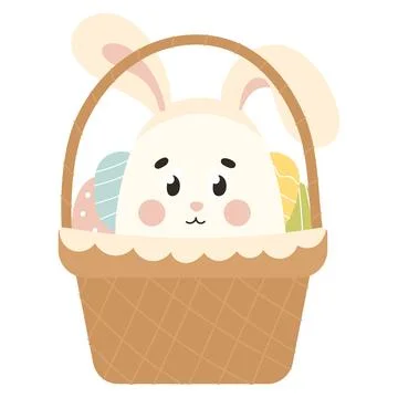 Cute Easter egg character with bunny ears in basket with easter eggs, design Stock Illustration