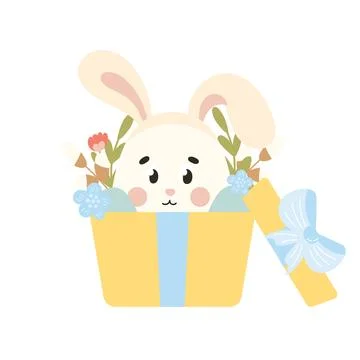 Cute Easter egg character with bunny ears in gift box with flowers, design .. Stock Illustration