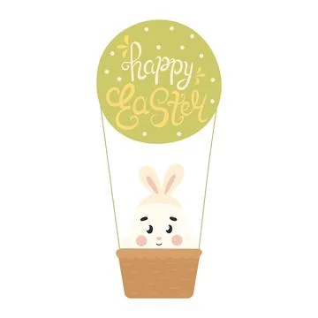 Cute Easter egg character with bunny ears in hot air balloon with flowers Stock Illustration