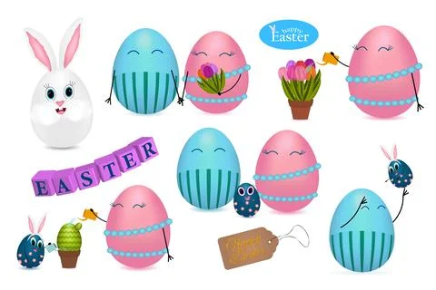 Cute Easter Egg Character Set with Bunny and Festive Elements Stock Illustration