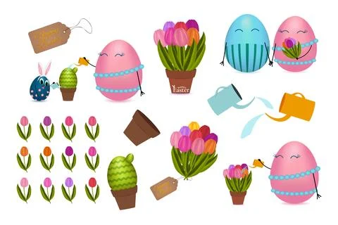 Cute Easter Egg Characters and Floral Elements Clipart Set Illustrazione stock