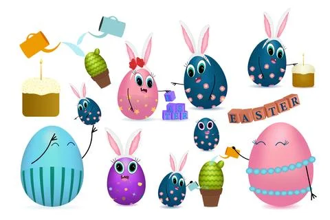 Cute Easter Egg Characters Celebrating with Decorations and Activities イラスト素材