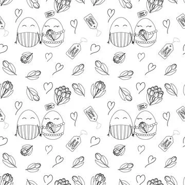 Cute Easter Egg Couple and Tulips Seamless Coloring Pattern Stock Illustration
