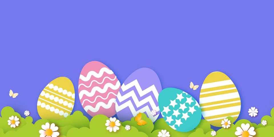 Cute Easter Egg Hunt with colored paper craft eggs. Spring scene for holiday Stock Illustration