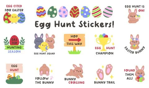 Cute Easter Egg Hunt Quote Sticker Set in Pastel Cartoon Style Stock Illustration