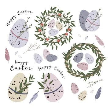 Cute Easter egg, nest, branch and leaves. Eco rustic decoration. Vector flat  Stock Illustration