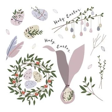 Cute Easter egg, nest, branch and leaves. Eco rustic decoration. Vector flat  Stock Illustration