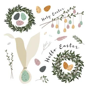 Cute Easter egg, nest, branch and leaves. Eco rustic decoration. Vector flat  Stock Illustration