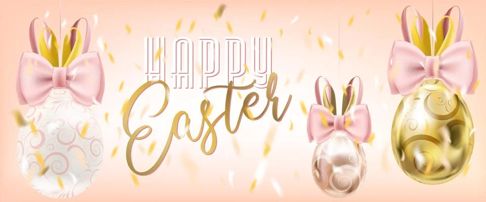 Cute Easter Eggs with Bunny Bow in confetti Stock Illustration