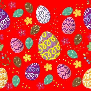 Cute easter eggs seamless pattern with colorful flower on cools background fo Stock Illustration