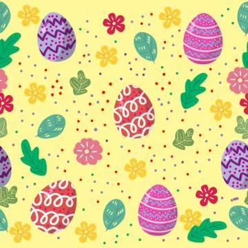 Cute easter eggs seamless pattern with colorful flower on cools background fo Stock Illustration