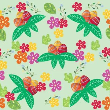 Cute easter eggs seamless pattern with coulerful flower on cools background f 스톡 일러스트