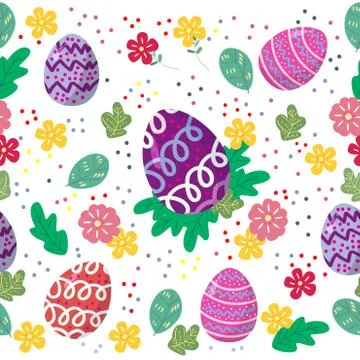 Cute easter eggs seamless pattern with colorful flower on cools background fo Illustrazione stock