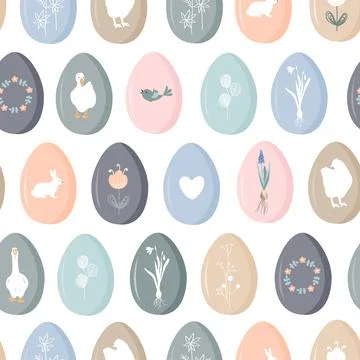 Cute Easter eggs seamless pattern. Spring pastel background, doodle vector Stock Illustration