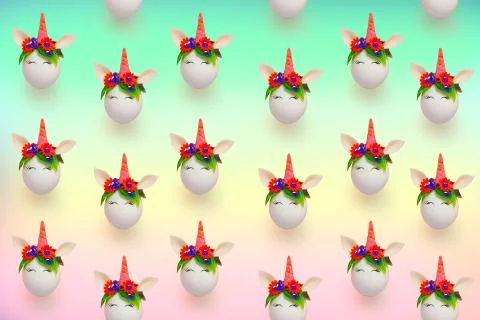 Cute Easter eggs unicorns pattern on a rainbow pastel background Stock Photos