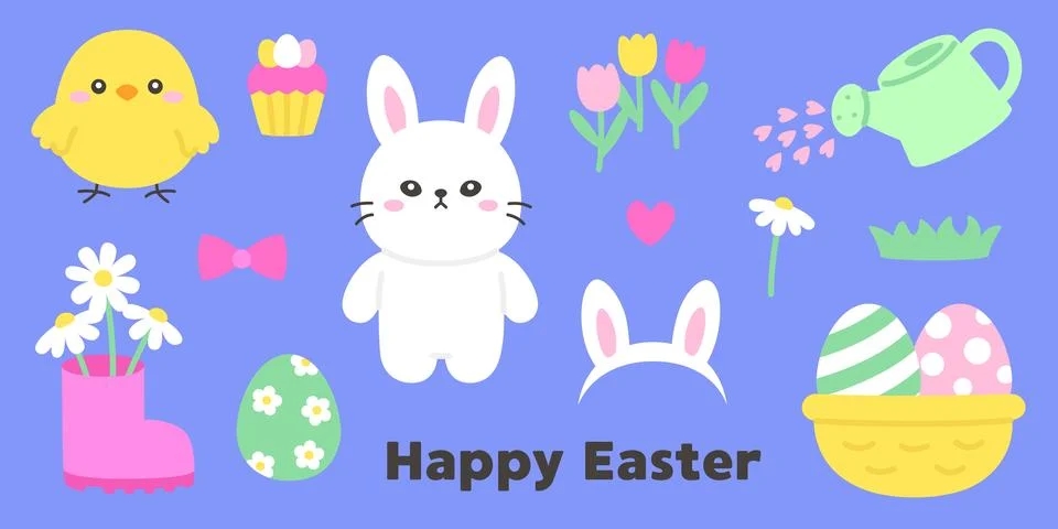 Cute Easter Elements Collection with Bunny, Chick and Festive Decorations Illustrazione stock