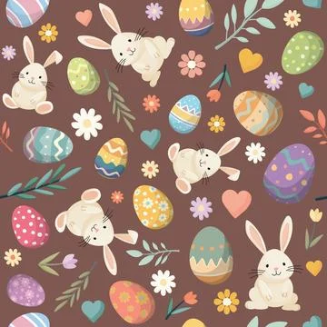 Cute Easter elements hand drawn seamless pattern with brown square background 스톡 일러스트
