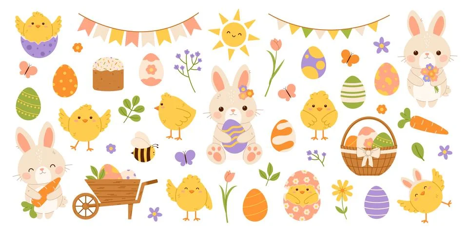 Cute Easter elements set. Flat vector illustration Stock Illustration