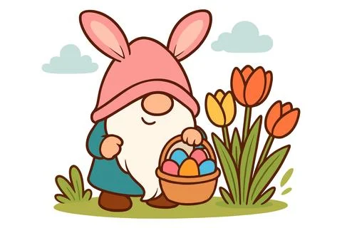 Cute easter gnome with bunny ears and easter eggs 스톡 일러스트