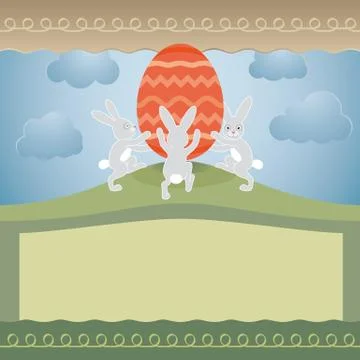 Cute easter greeting card with big empty text area, huge egg and bunnies. Stock Illustration