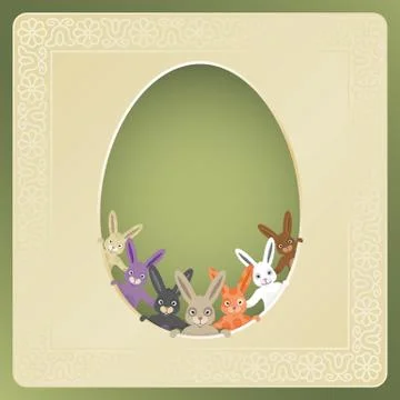 Cute easter greeting card with big empty text area and multicolored bunnies. Stock Illustration