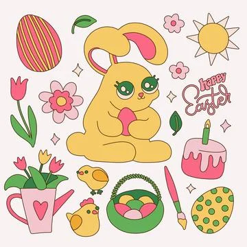 Cute Easter hand drawn doodle elements set isolated on white. Bundle with rabbit 库存插图