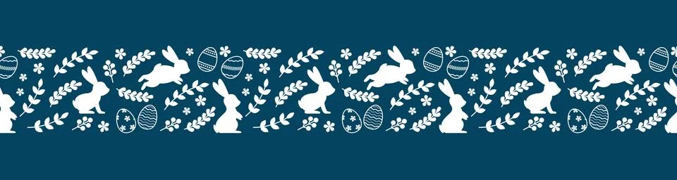 Cute Easter horizontal seamless pattern with eggs, bunnies, flowers. Easter.. イラスト素材