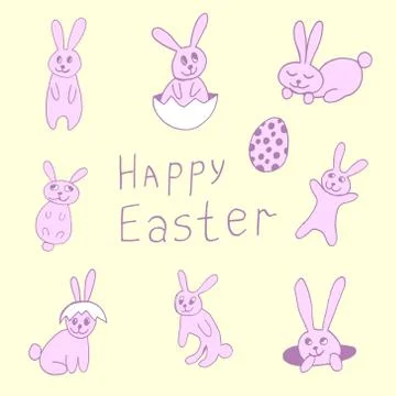 Cute easter icon and animal pet collection, with easter eggs in nest, rabbit  Stock Illustration