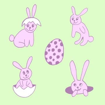 Cute easter icon and animal pet collection, with easter eggs in nest, rabbit  Illustrazione stock