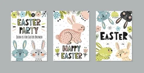 Cute Easter invitations and greeting cards set with funny bunnies in scandina 스톡 일러스트