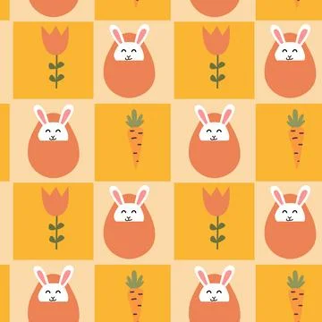 Cute easter pattern with bunnies, carrots, and tulips in a warm color palette Stock Illustration