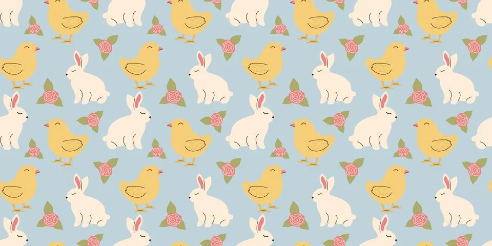 Cute Easter pattern with bunnies, chicks and flowers in pastel colors. Seam.. Stock Illustration