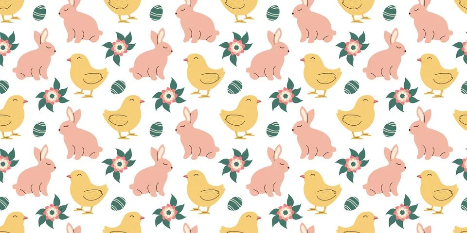Cute Easter pattern with pink bunnies, chicks and flowers in pastel colors. S Stock Illustration
