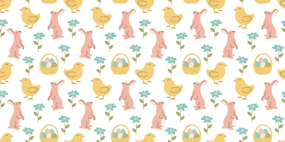 Cute Easter pattern with pink bunnies, chicks and flowers in pastel colors. S Stock Illustration