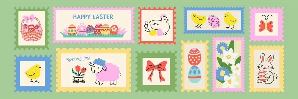 Cute Easter postage stamp sticker set with bunny, chick, eggs and spring fl.. Иллюстрация