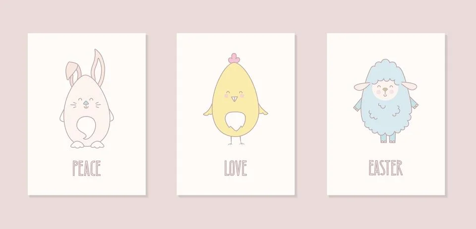 Cute Easter postcards set with chick, bunny, lamb. Vector illustration with text Stockillustratie