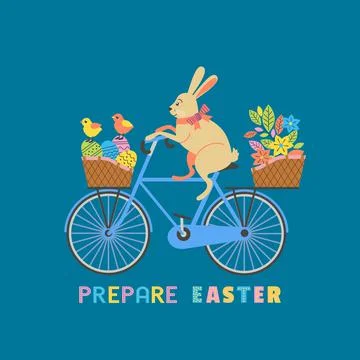 Cute Easter Rabbit on Bicycle with Eggs in basket Stock Illustration