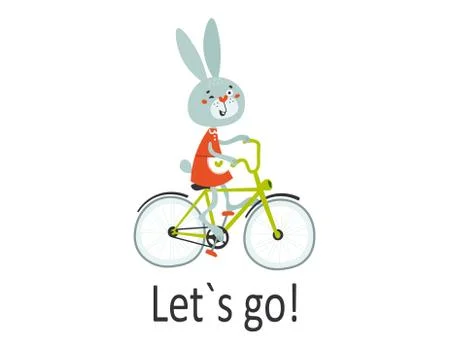 Cute Easter rabbit on bike goes for a walk. Children card, sticker, party Stock-Illustration