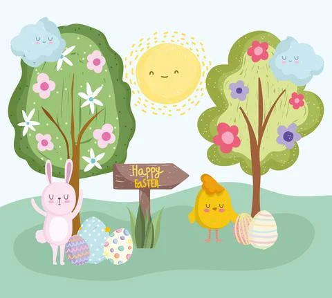 Cute easter rabbit chicken with eggs nature trees landscape Stock Illustration