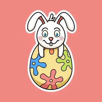 Cute Easter Rabbit On Easter Egg In Sticker Style Premium Vector Graphic Asse Stock Illustration