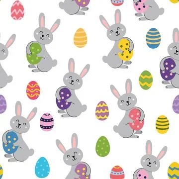 Cute Easter rabbit with egg seamless pattern. Springtime background 스톡 일러스트